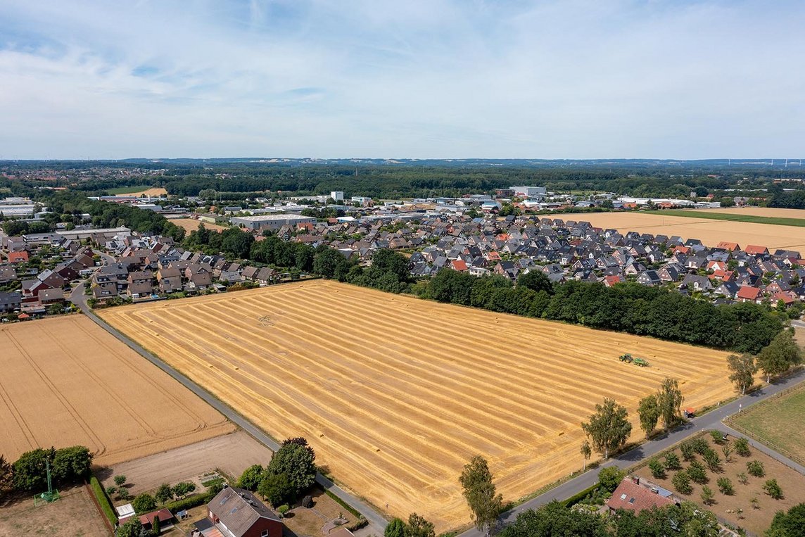 Dieses Foto zeigt die Fläche im Dernekamp, auf der das Wohnbaugebiet "Auf dem Bleck I" entsteht. 