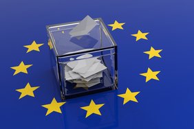 European Union parliament election. Voting box on EU flag background. 3d illustration