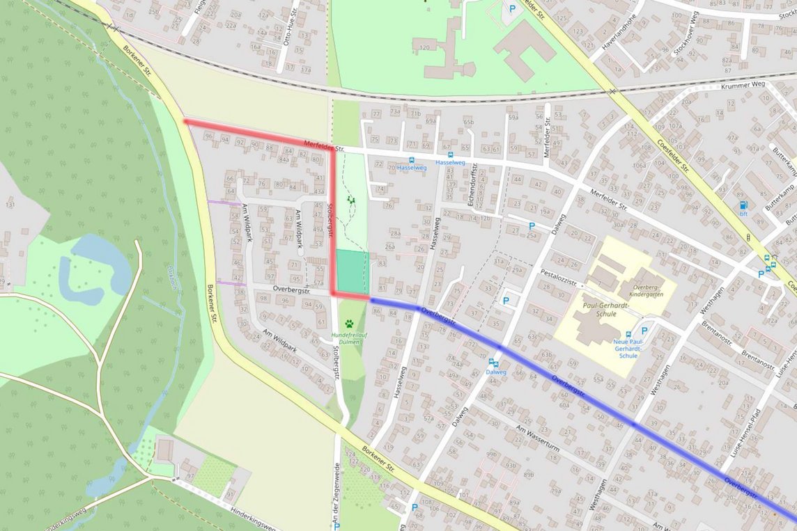 Auf dieser Karte ist die bisherige Fahrradstraße Overbergstraße sowie die geplante Verlängerung eingezeichnet.