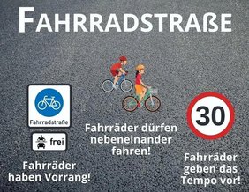 Die Grafik gibt Informationen zu Regeln auf Fahrradstraßen: Fahrräder haben Vorrang vor Autos und Motorrädern, Fahrräder dürfen nebeneinander fahren, Tempo 30